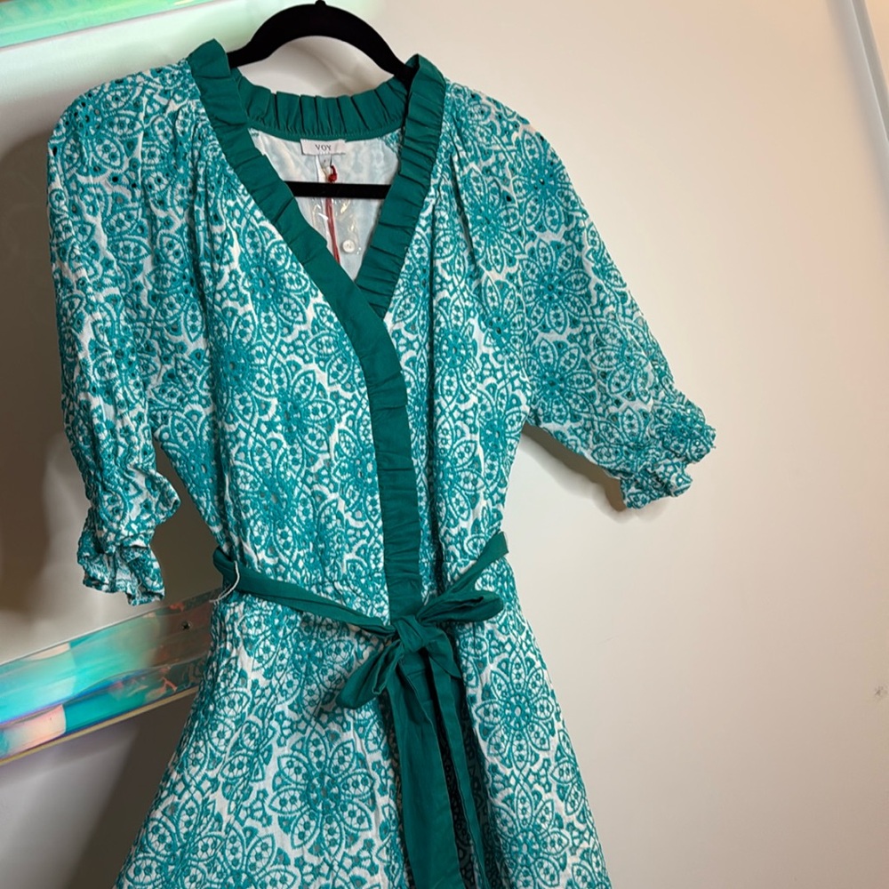 Voy Brand NWT Teal Ruffle Embroidery Eyelet Belted Dress